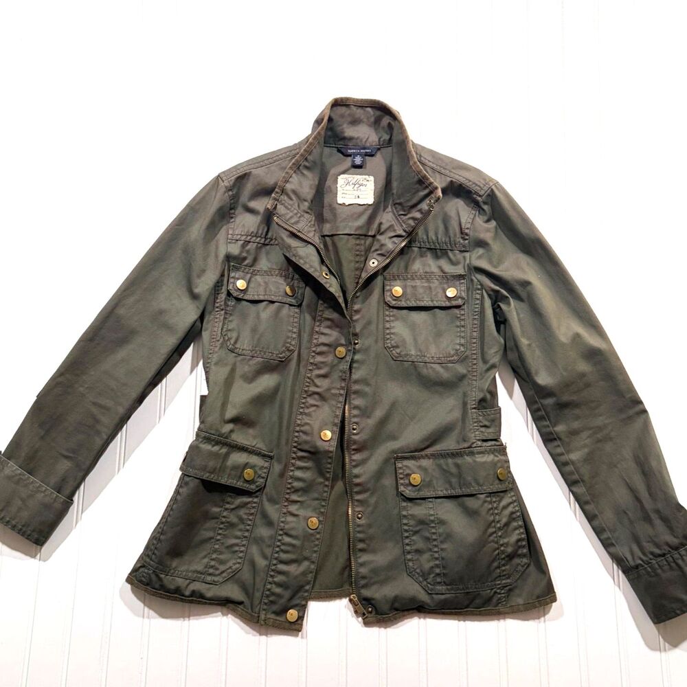 Tommy Hilfiger Vintage Coated Cotton Military Utility Field Jacket Olive Green M